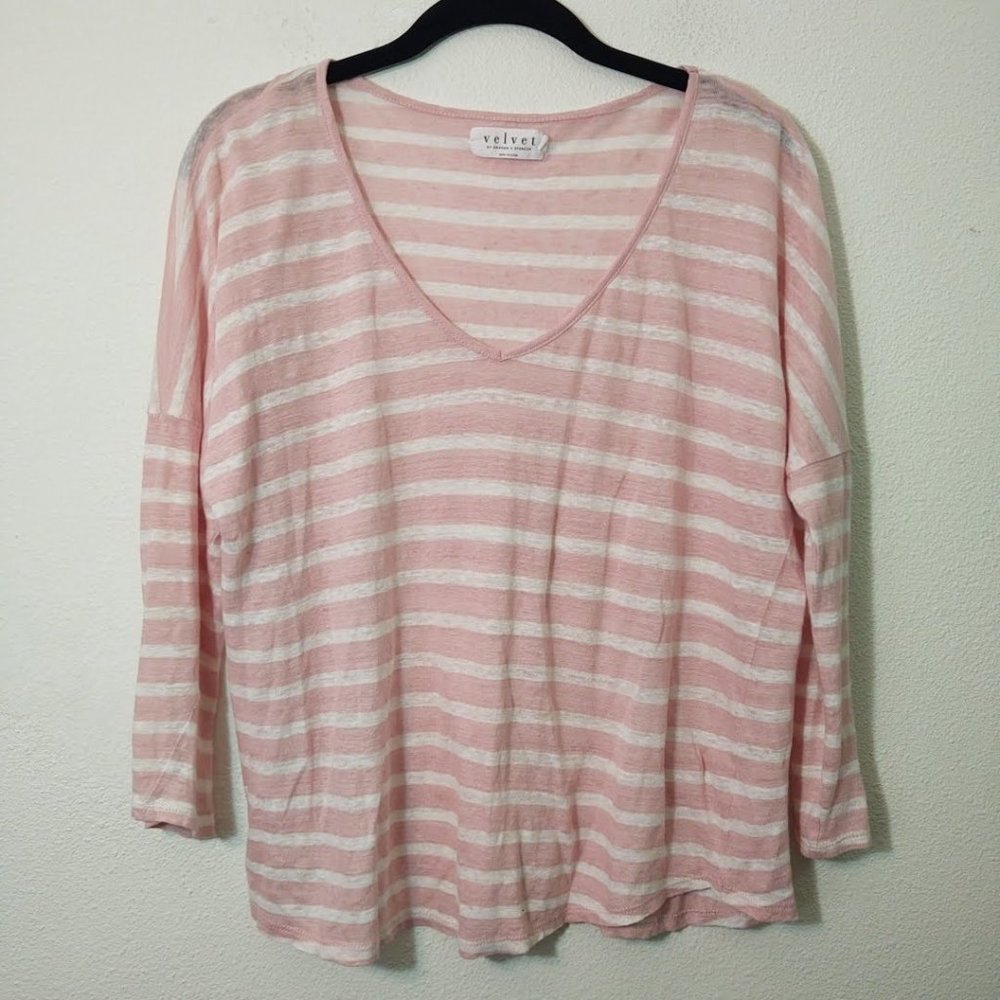 Velvet Pink & White 100% Linen Long Sleeve Top XS